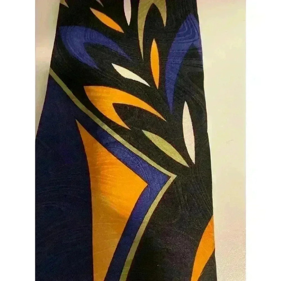 Albert Nipon Mens Silk Necktie Made In USA Geometric Pattern Black/Blue/Yellow - Picture 7 of 7